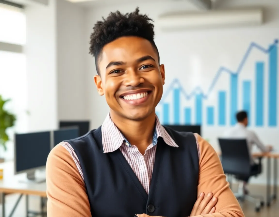 Smiling young businessman with arms crossed in a modern office with a blue growth chart. Quick10K hero image